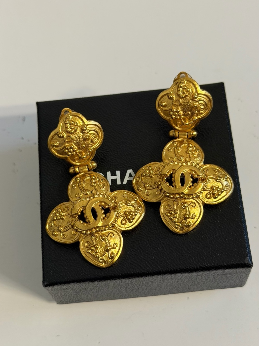 Chanel Vintage Gold CC Floral Drop Clip On Earrings, 1996